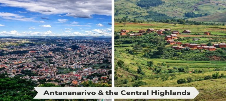 A split collage showing Antananarivo’s dense hilltop cityscape on one side and the rural Central Highlands of Madagascar on the other, with rice fields, villages, and rolling green hills.