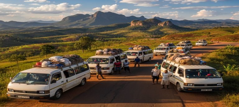 Taxi-brousse minibuses lined up along a rural road in Madagascar’s Central Highlands, surrounded by green hills and distant mountains.