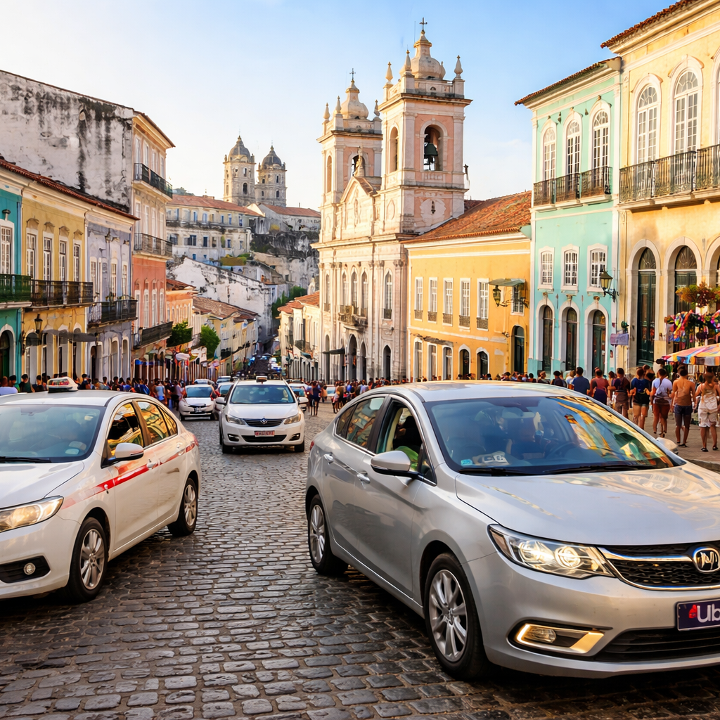 Uber cars and local taxis driving through Pelourinho’s colorful historic streets in Salvador, Brazil