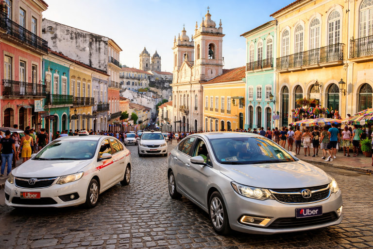 Uber cars and local taxis driving through Pelourinho’s colorful historic streets in Salvador, Brazil