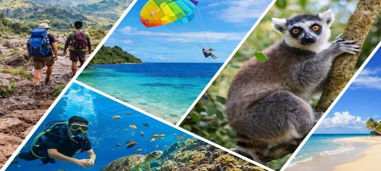 Things to do in Madagascar collage showing hiking and trekking landscapes, parasailing over turquoise water, a ring-tailed lemur, scuba diving on coral reefs, and a sandy tropical beach.