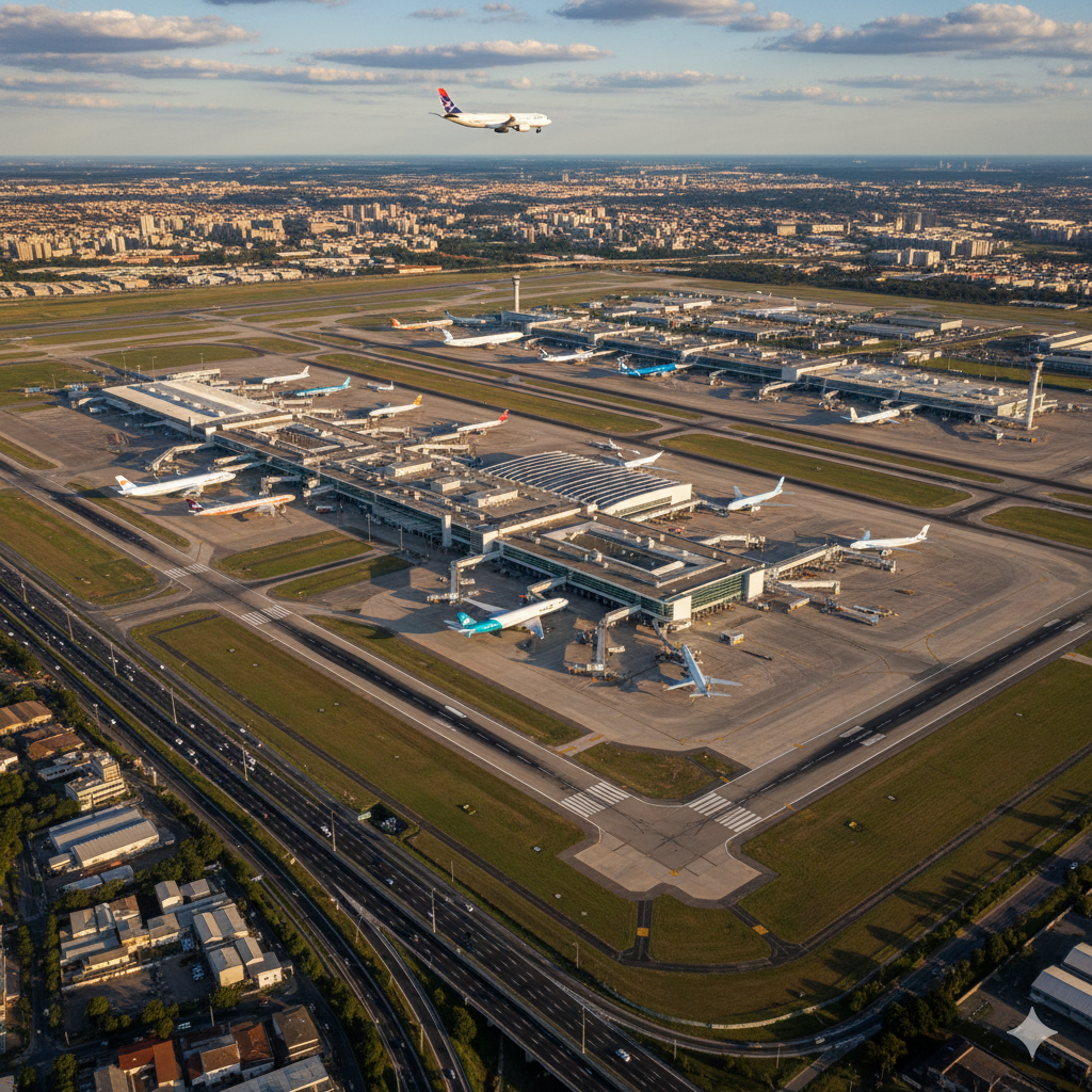 Aerial view of São Paulo airport with runways and terminal buildings, a major entry point for travelers planning things to do in São Paulo.