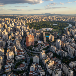 Aerial view of São Paulo skyline surrounding Ibirapuera Park, showing dense high-rise buildings, major roads, and green spaces in Brazil’s largest city.