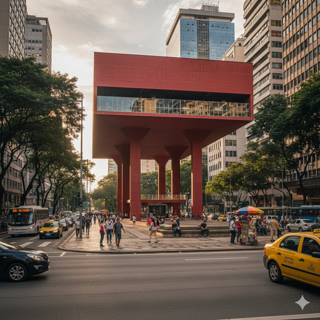 The Museu de Arte de São Paulo (MASP) on Avenida Paulista, with its iconic red suspended structure and street life below.