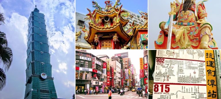 Taiwan travel collage featuring Taipei 101, colorful temple architecture, Taipei street life, MRT map signage, and traditional Chinese deity statue.