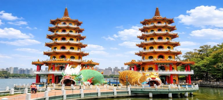 Dragon and Tiger Pagodas at Lotus Pond in Kaohsiung on a sunny day, with colorful pagoda towers, dragon and tiger statues, blue sky, and water reflections.