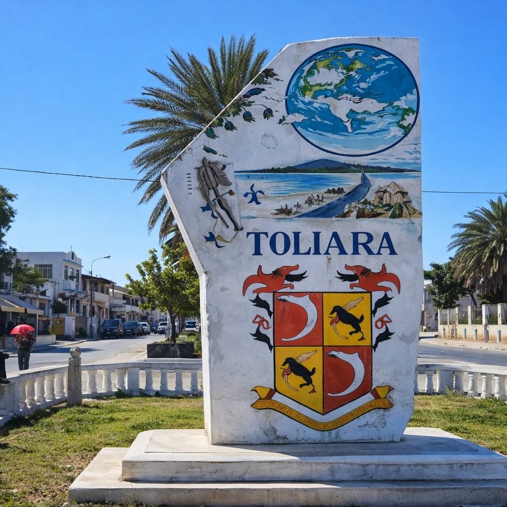 TOLIARA city monument in Southern Madagascar featuring a colorful crest and a globe illustration, photographed on a bright sunny day with palm trees and streets in the background.