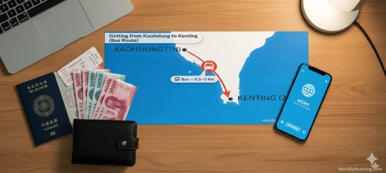 A travel planning scene on a wooden desk featuring a map of the Kaohsiung to Kenting bus route, surrounded by a passport, Taiwanese currency, bus tickets, and a smartphone showing an eSIM screen.