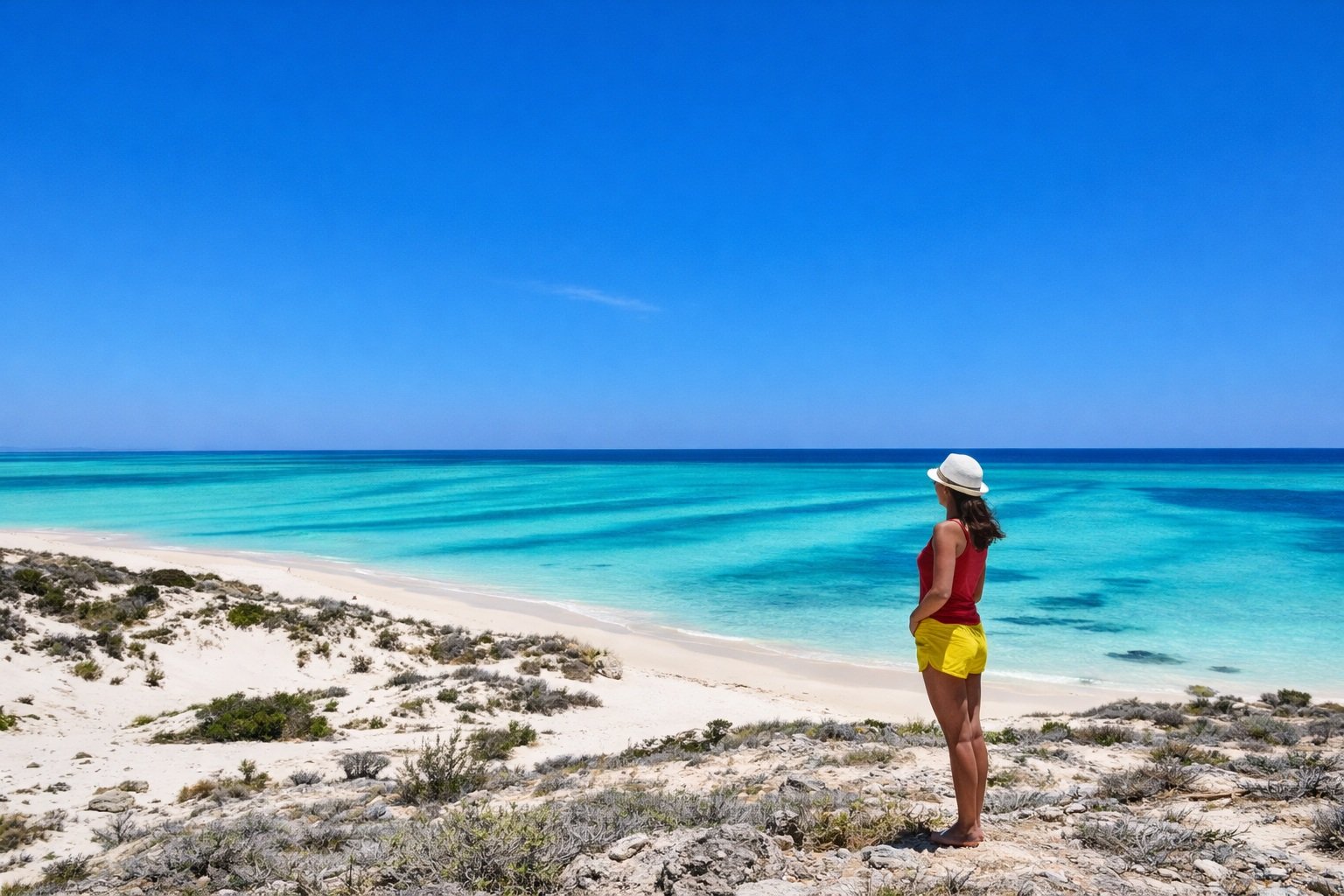 Woman standing on coastal dunes overlooking a bright turquoise sea and white-sand beach under a clear blue sky.