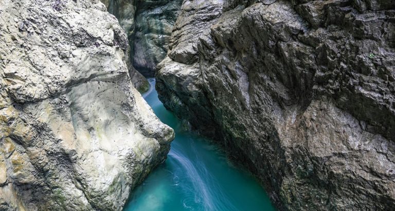 Turquoise river flowing between marble canyon walls in Taroko Gorge Taiwan
