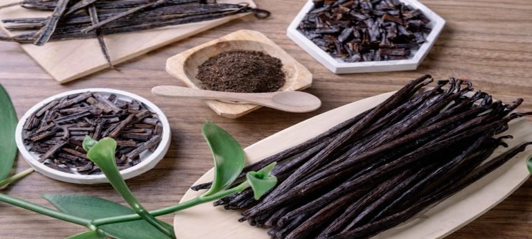 Vanilla in different forms from Sambava, Madagascar, including whole pods, chopped vanilla, and ground vanilla powder