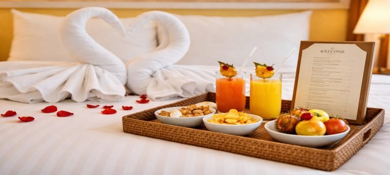 Luxurious hotel bed with towel swans and a welcome tray holding two fruit juices, snacks, fruit, and a menu in warm lighting in Southern Madagascar.