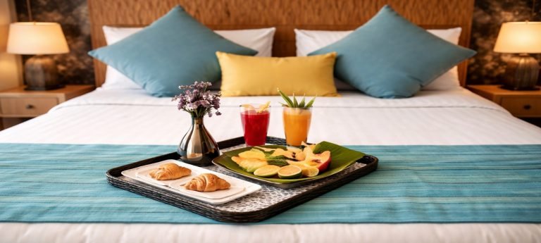 Luxurious hotel bed with crisp white linens, colorful pillows, and a welcome tray with tropical fruit, pastries, and fresh drinks.