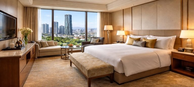 Luxury 5-star hotel room in Taichung with city skyline view through large windows on a sunny afternoon.