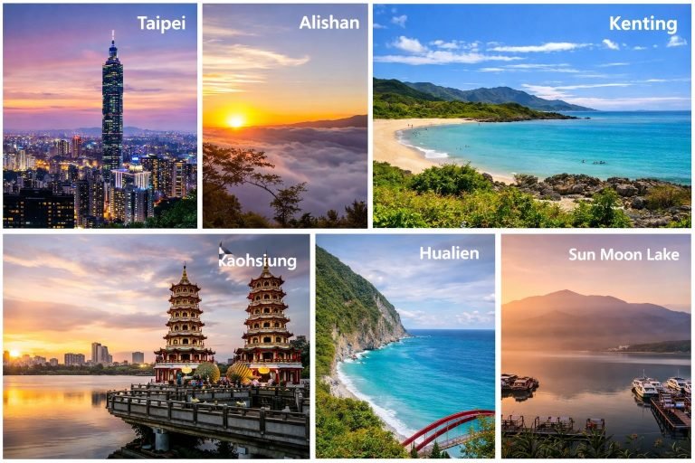 Collage of Taiwan highlights featuring Taipei skyline, Alishan sunrise above clouds, Kenting beach coastline, Kaohsiung Dragon and Tiger Pagodas, Hualien sea cliffs, and Sun Moon Lake at sunset.