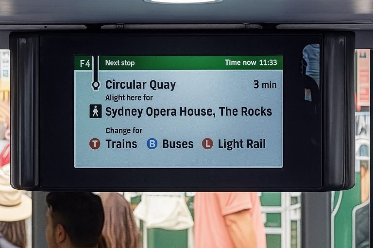 Digital transport display inside a Sydney tram showing the next stop as Circular Quay with connections to trains, buses, and light rail.