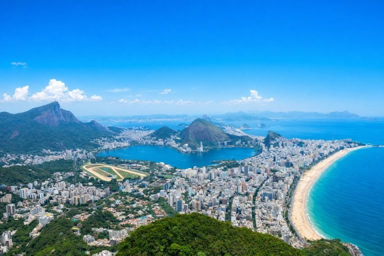 Bright aerial view of Rio de Janeiro on a sunny afternoon with Copacabana Beach, Rodrigo de Freitas Lagoon, and Sugarloaf Mountain under clear blue skies.