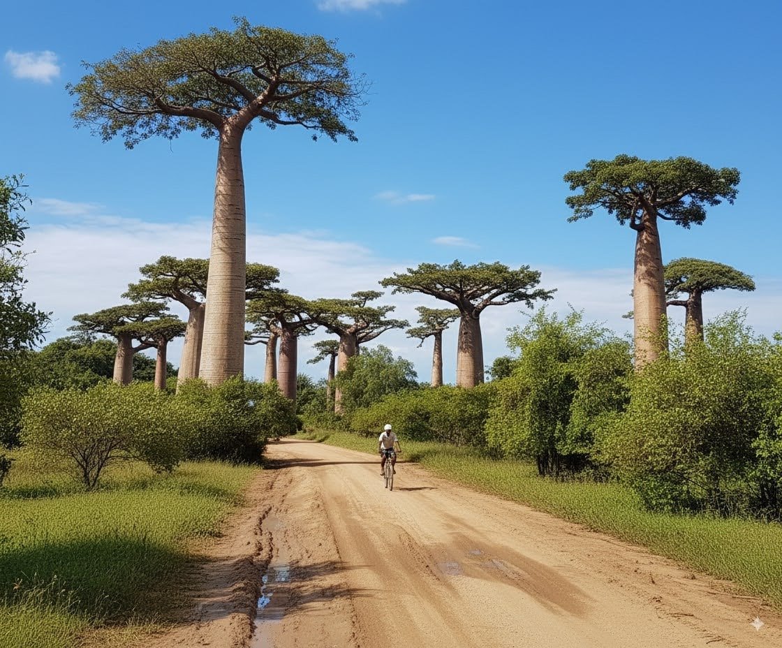Voyage Madagascar - Allée des Baobabs à Madagascar avec une piste en terre traversant des baobabs géants