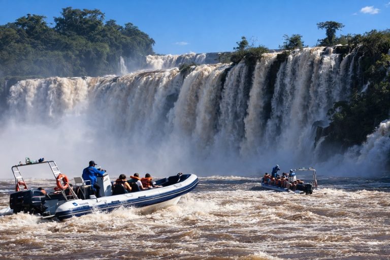 White and dark blue speedboats approaching Iguazu Falls on a sunny day with bright blue skies and powerful cascading waterfalls in Brazil