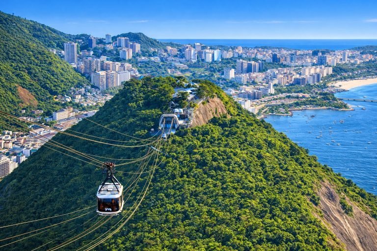 Sugarloaf Mountain cable car gliding above lush green hills with panoramic views of Rio de Janeiro coastline and city skyline under bright blue skies. Caption: Description: