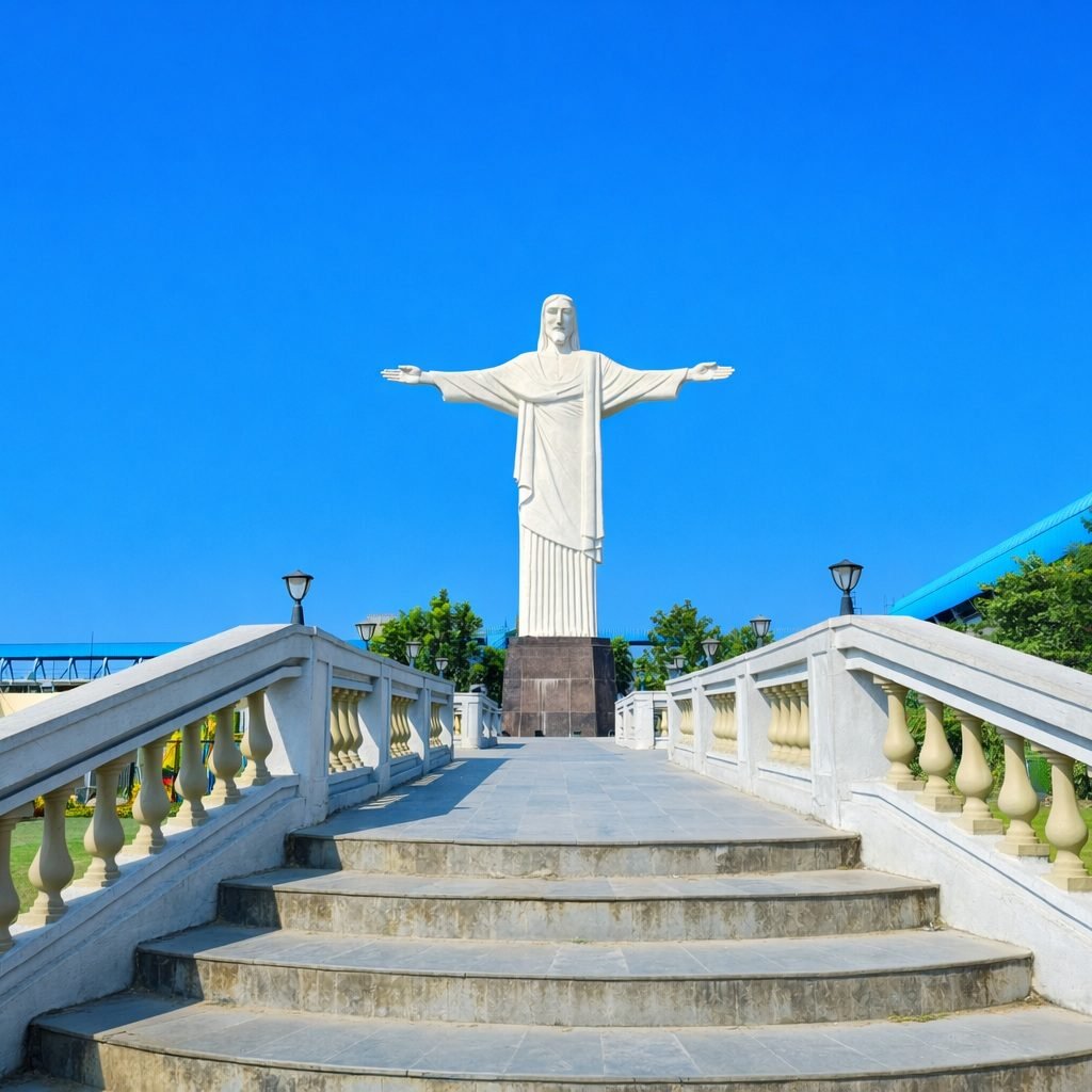 Replica of Christ the Redeemer statue with blue sky and stone stairway leading up to the monument