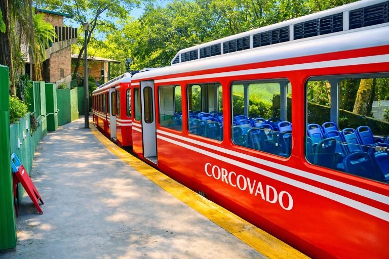 Corcovado train at sunny station platform in Rio de Janeiro