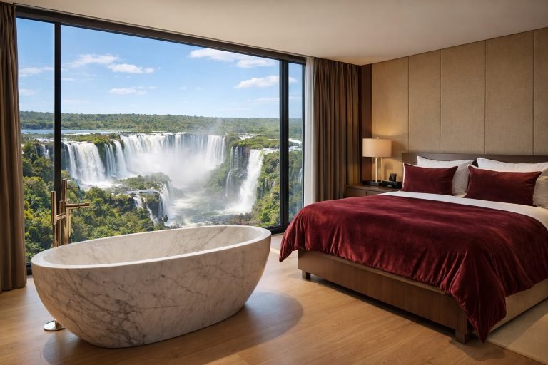 Luxury hotel room overlooking Iguazu Falls with marble freestanding bathtub, burgundy bedlinen, and floor-to-ceiling window on a sunny afternoon