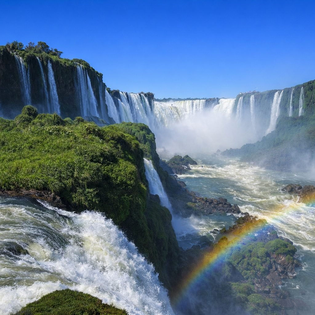 Brazil Itinerary: Iguazu Falls from the Brazilian side with powerful cascading waterfalls, lush green cliffs, mist rising into a clear blue sky, and a rainbow forming over the river below.
