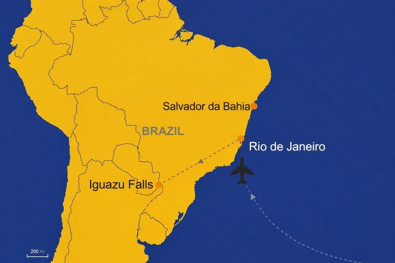 Brazil travel route map showing Rio de Janeiro, Salvador da Bahia, and Iguazu Falls with flight paths on a dark blue ocean background