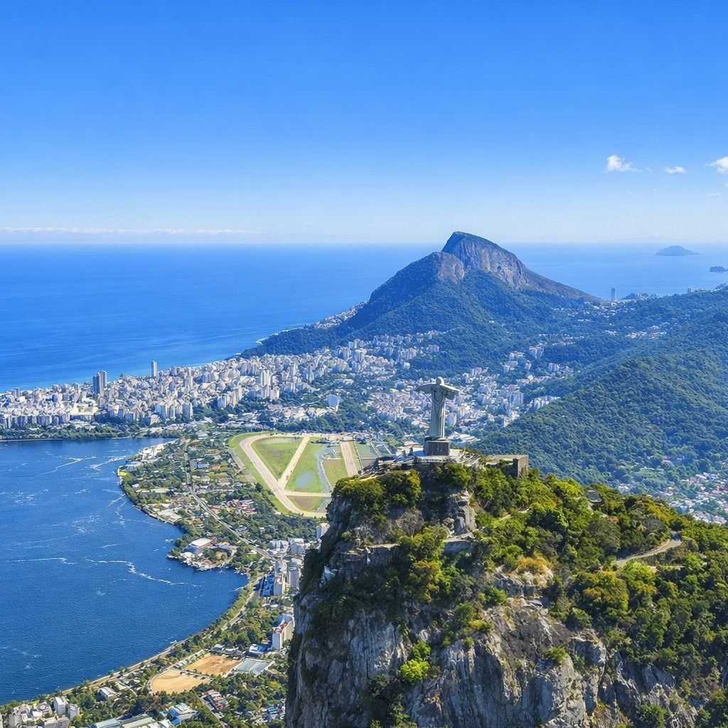 Brazil Itinerary: Christ the Redeemer overlooking Rio de Janeiro on a bright sunny afternoon with blue skies and Guanabara Bay in the background