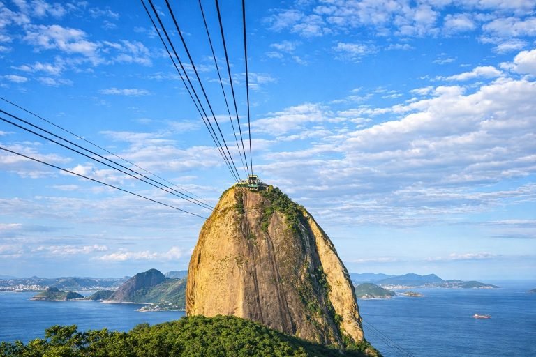Sugarloaf Mountain cable car and granite peak under bright blue sky in Rio de Janeiro Brazil