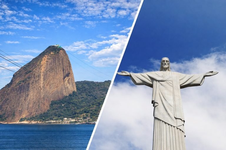 Sugarloaf Mountain and Christ the Redeemer collage in Rio de Janeiro separated by a diagonal white line against blue skies