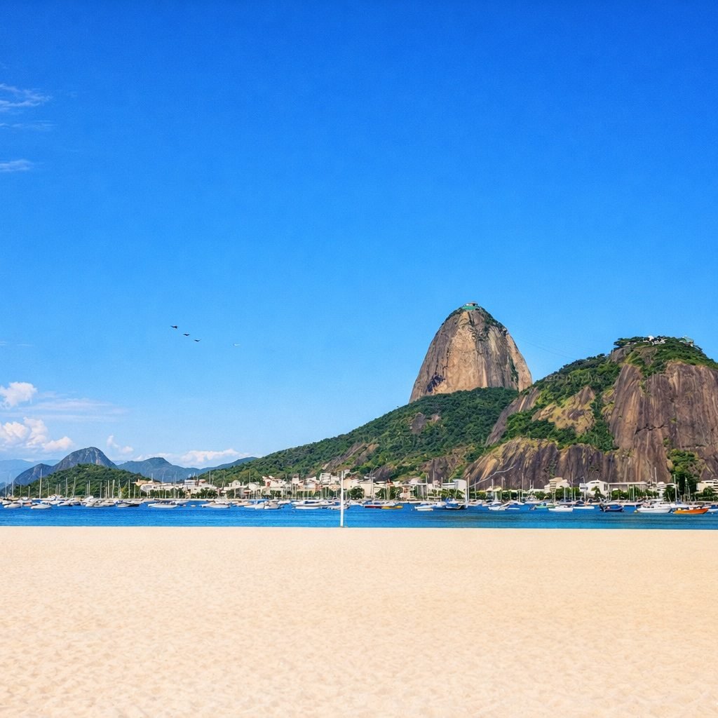 Sugarloaf Mountain and Morro da Urca rising above a white sandy beach and calm blue bay under bright tropical sunshine in Rio de Janeiro.