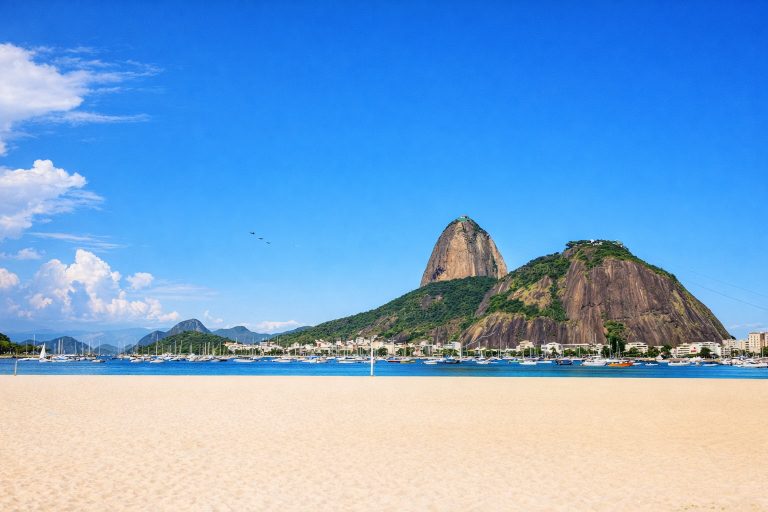 Sugarloaf Mountain and Morro da Urca rising above a white sandy beach and calm blue bay under bright tropical sunshine in Rio de Janeiro.
