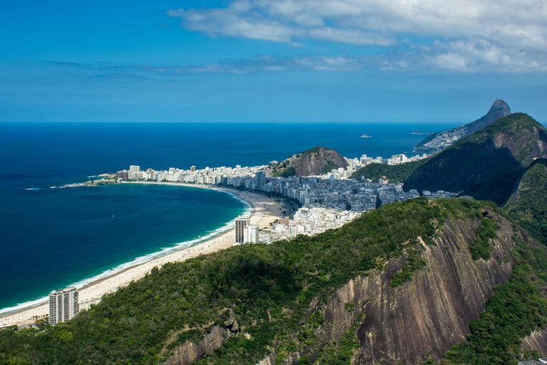 Aerial view of Copacabana Beach and coastline in Rio de Janeiro, Brazil, with turquoise Atlantic waters and surrounding mountains