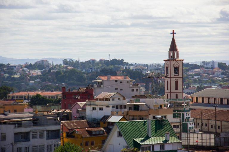 Fianarantsoa city skyline with cathedral tower in the Madagascar Central Highlands Caption Description