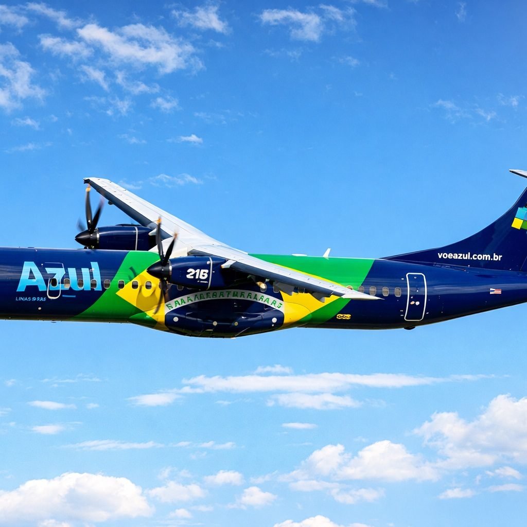 Getting around Brazil by domestic flight with an Azul Airlines aircraft flying in clear blue skies