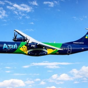 Getting around Brazil by domestic flight with an Azul Airlines aircraft flying in clear blue skies