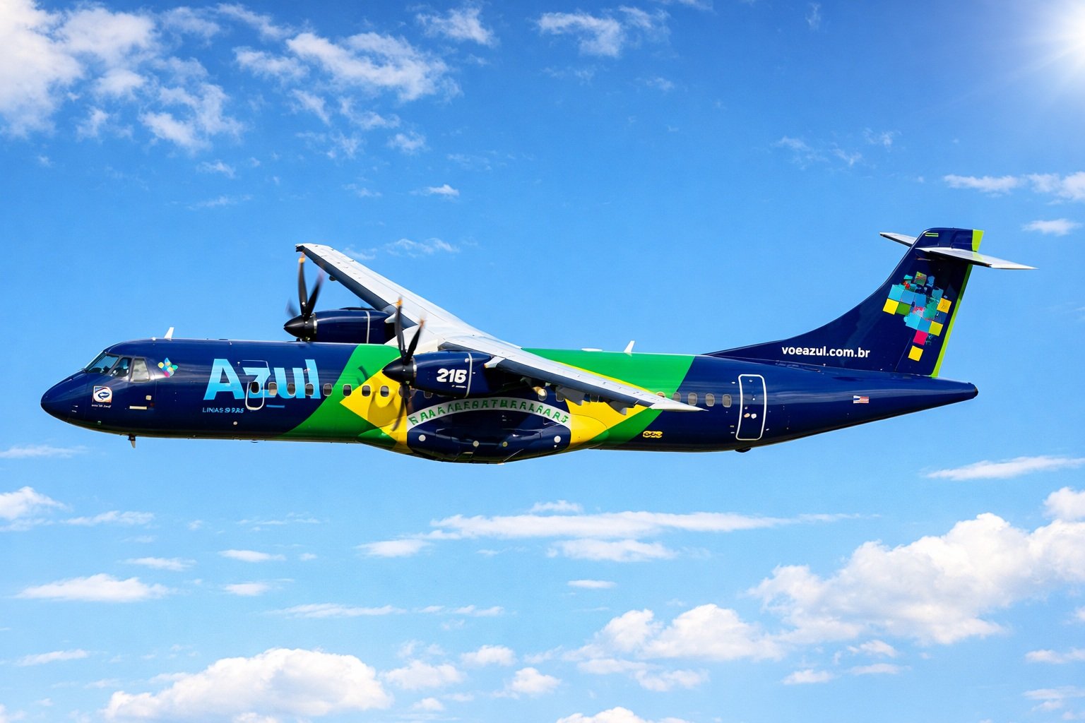 Getting around Brazil by domestic flight with an Azul Airlines aircraft flying in clear blue skies