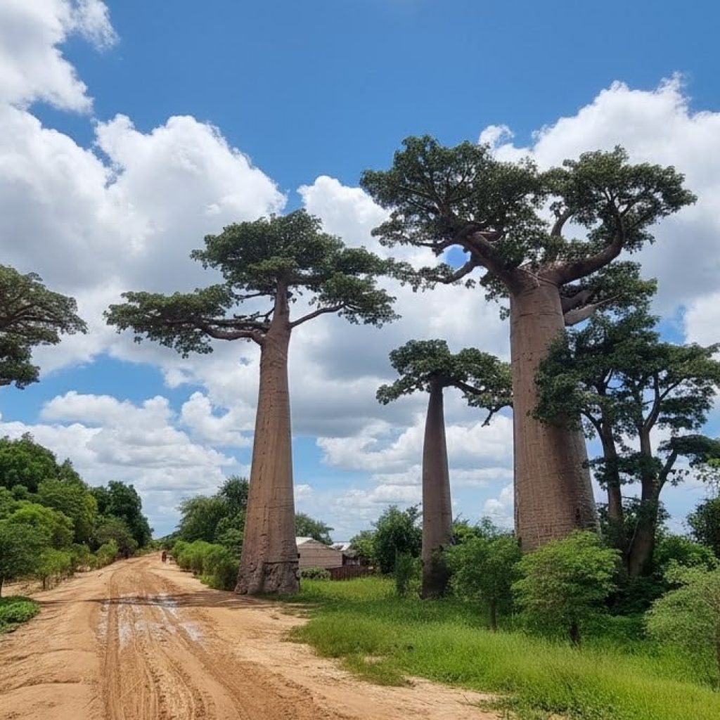 Baobab trees lining a dirt road in western Madagascar under a bright blue sky