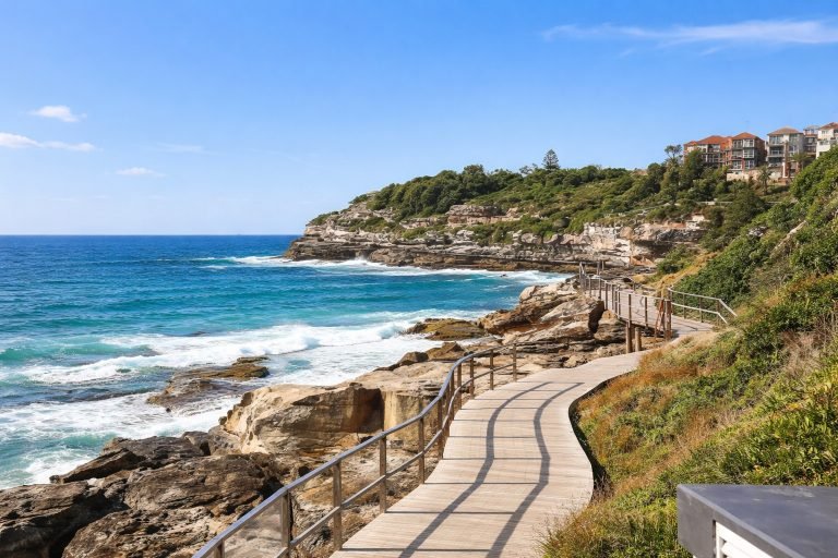 Sydney Harbour walks coastal path along cliffs with ocean views on a sunny afternoon