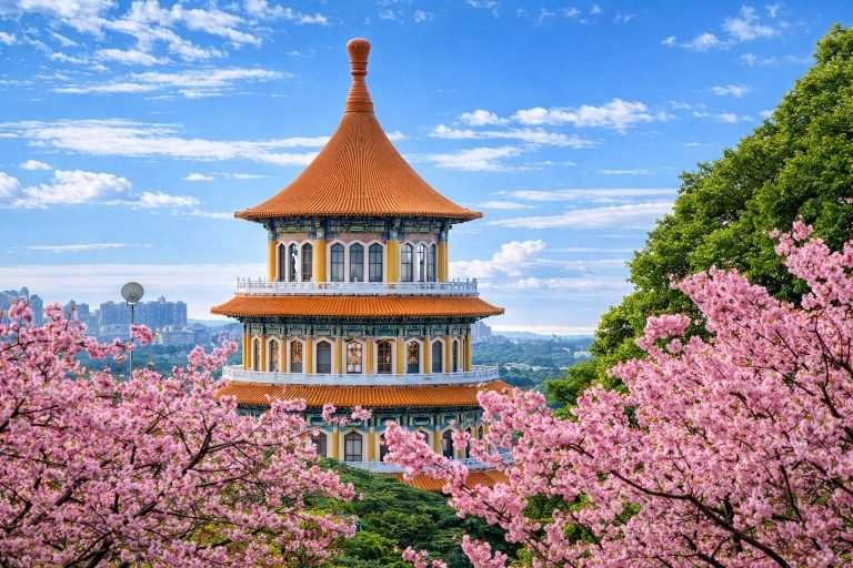 Best time to visit Taiwan with cherry blossoms framing a traditional pagoda and bright blue spring sky Caption Description