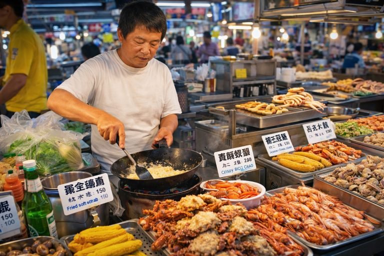 Asian street food vendor cooking seafood at a busy stall in Shilin Night Market Taipei Taiwan
