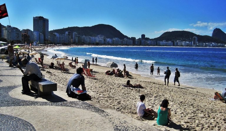 People relaxing and walking along Copacabana Beach with ocean waves and city skyline in Rio de Janeiro Caption Description