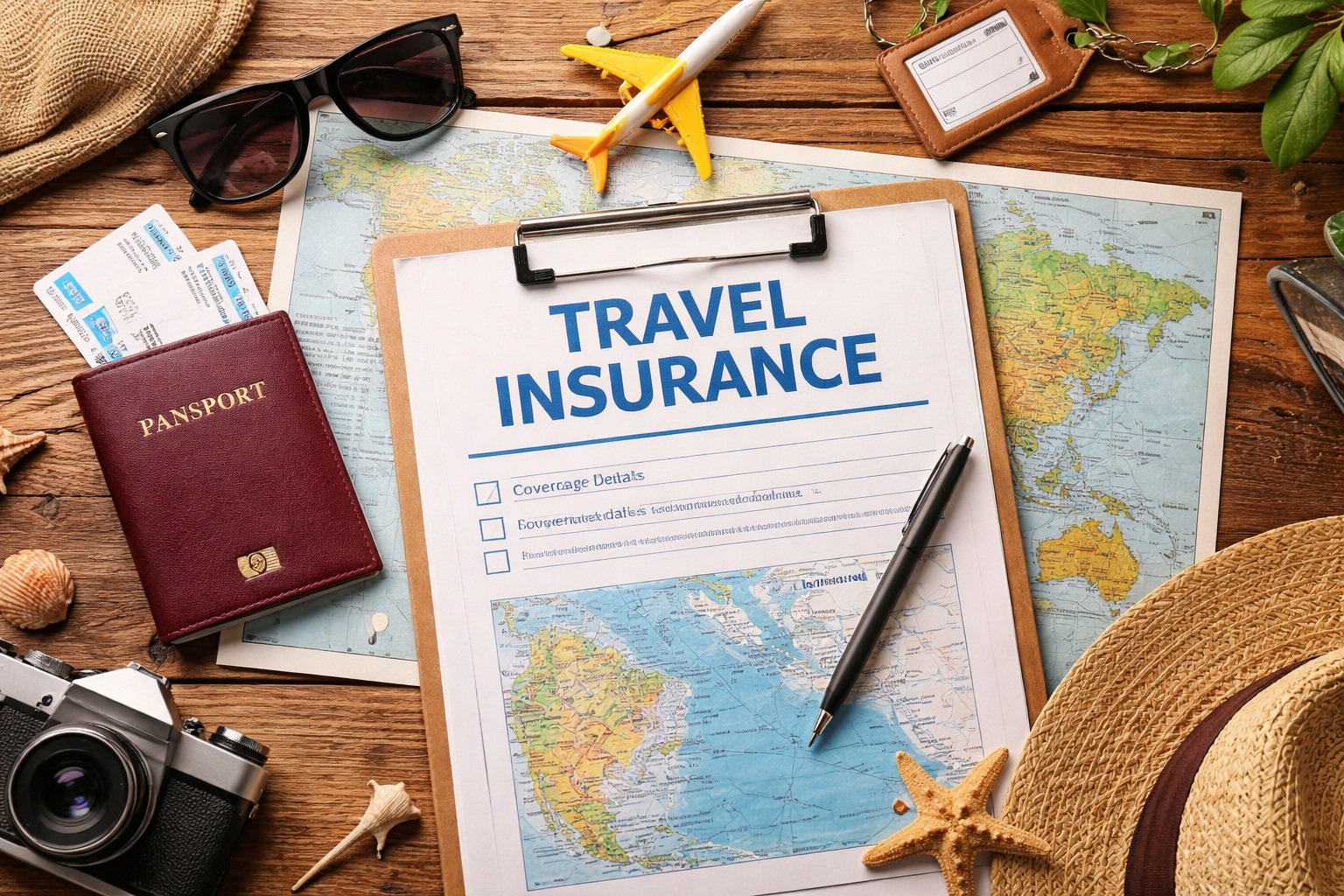 Do i need travel insurance travel planning scene with passport boarding passes map and travel insurance document
