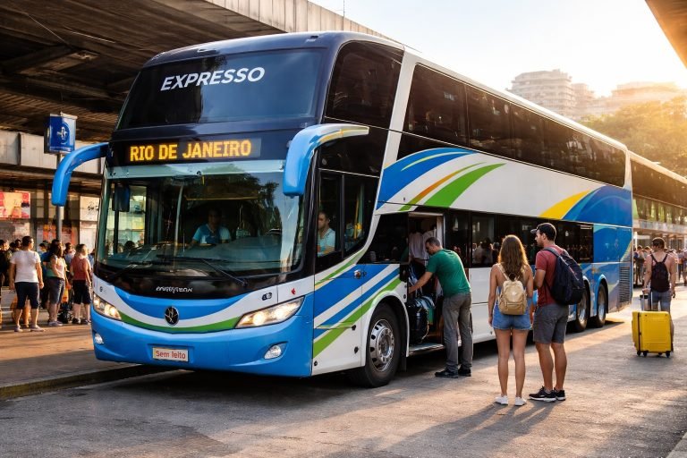 Getting around Brazil by long-distance bus with a modern sleeper coach at a Brazilian bus terminal