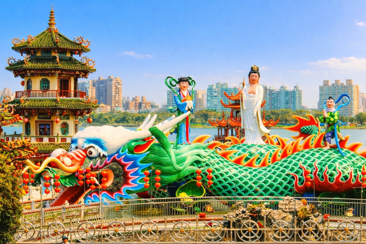 Taiwan itinerary - Dragon and Tiger Pagodas and colorful dragon statue at Lotus Pond in Kaohsiung, Taiwan on a sunny day