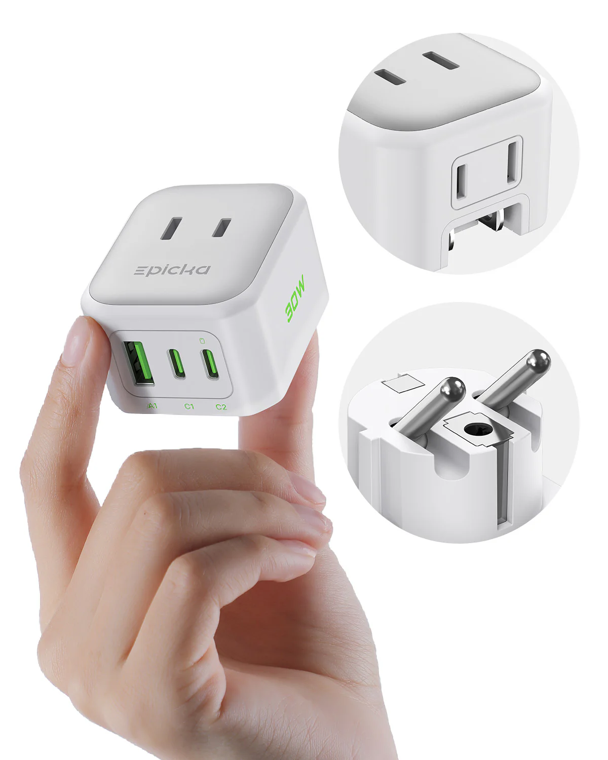 EPICKA Hybrid Mini compact travel adapter with USB-C charging