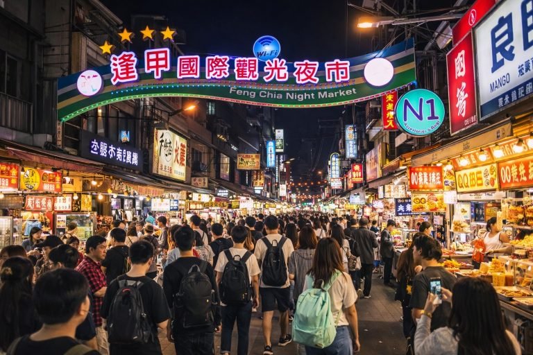 Fengjia Taiwan Night Market entrance at night with neon arch sign, crowded street food stalls, and busy evening crowds in Taichung