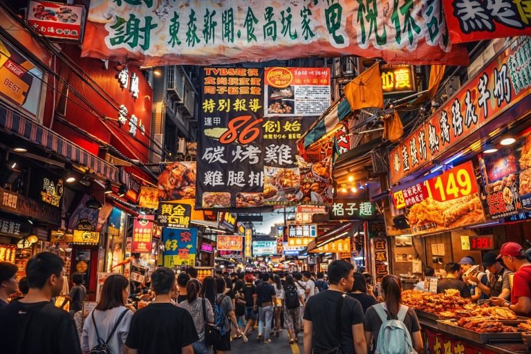 Fengjia Night Market street food stalls and neon signs in Taichung Taiwan with crowds exploring the busy market at night